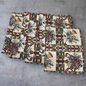 TAPESTRY CHRISTMAS PLACEMATS SET OF 6 Dillards Horns Jingle Bells Traditonal VTG